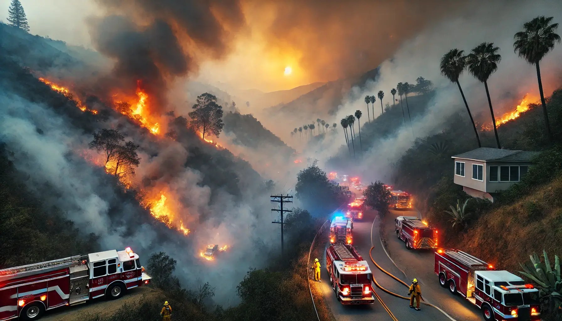 Smoke and flames from the Eaton Canyon brush fire spreading rapidly near residential areas in Altadena